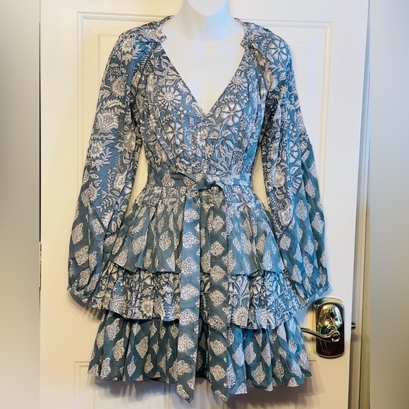 Marea Grace Ruffle Mini Women Dress Long Sleeve Size Small Cotton Teal V Neck